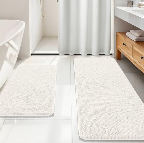 Image of OLANLY Bathroom Rugs Sets 2 Piece, Soft Absorbent Chenille Bath Mats Area Rug Set, Non-Slip, Quick Dry, Machine Washable Bath Mats for Bathroom, Home Decor Accessories (59 inchx20 inch+30 inchx20 inch, Ivory)