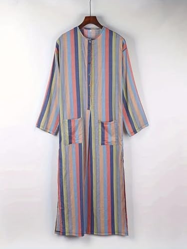 Men's Kaftan Thobe Striped Nightshirt for Men Long Sleeves Button Down Nightgown Henley Sleep Shirt with Pockets2