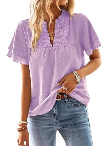 TUUHAW Tunique Femme Chemisier Femme Chic et Élégant Manches Courtes d'Été Volants Col en V Chemise Bohème T Shirt Plissé Fluide Lâches Vintage Hauts...