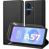 Peakally Handyhülle für Samsung Galaxy A57 5G Hülle, [Mit 2 Stück Panzer Schutz Glas] [Premium PU Leder] [RFID-Blockierung] [Kartenfach] Klapphülle Kompatibel mit Samsung A57, Graphit schwarz