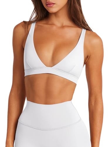 LASLULU Sports Bras for Women Deep V-Neck Padded Wireless Open Back Workout Bra Low Impact Gym Athletic Workout Yoga Crop Tops Built in Bra Sexy White Small
