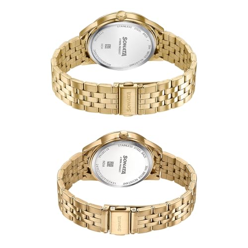 Image of Sonata Jashn with Quartz Analog Green Dial Gold Strap Men and Women (Pair) Wedding Watch - 7721287126YM01