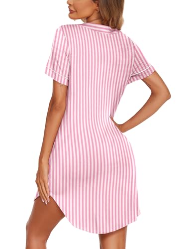 Image of Ekouaer Nightgowns for Women Button Down Night Gowns Short Sleeve Sleep Shirt V Neck Nightshirt Soft Sleepwear Pajams Dress
