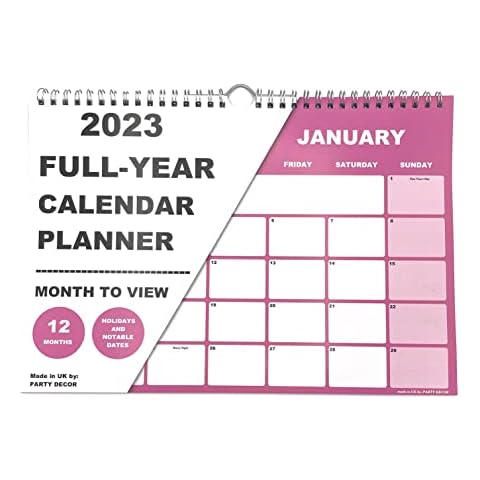 A4 Size Wire Bound Pink Full Year Calendar 2023 - Month to View - Great for the Home, Office, Classroom or Work Place - Includes Months of January 2023 to December 2023 Cover