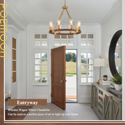 Image of Gold Wooden Wagon Wheel Chandelier 8-Light 23.6 inch Light Fixture