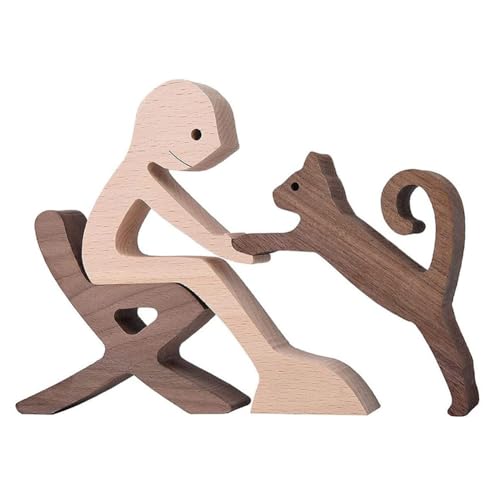 Estatuas de madera talladas a mano Hombre y Gato