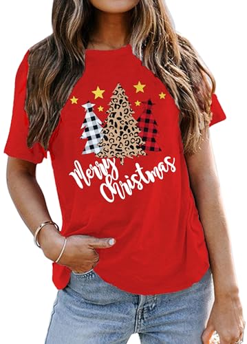 tiorhooe Christmas T Shirts Women Christmas Tree Shirt Ladies Merry Christmas Tee Shirt (B-Red1,L) - Image 2