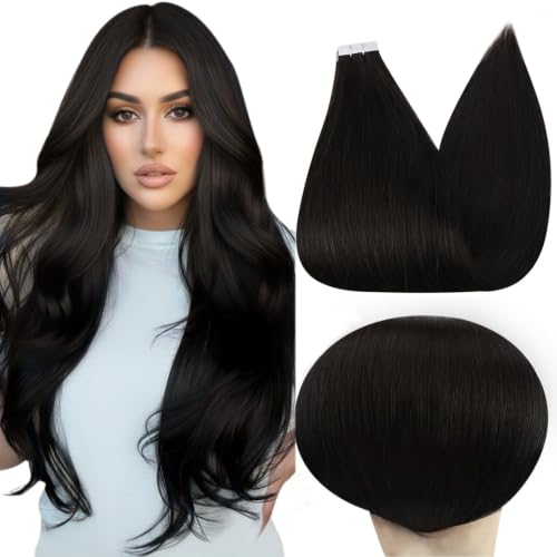 Full Shine Invisible Hair Extensions Human Hair Tape In, 20 Inch Off Black