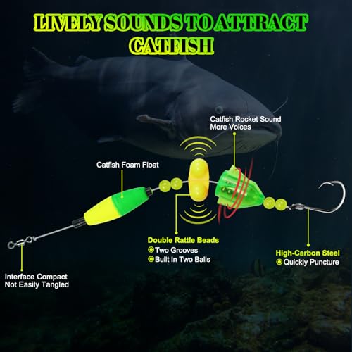 Kit listo para usar MAFIMOEA 4 piezas para pesca de bagre con anzuelos de círculo de alta resistencia, tubo sonoro 2 en 1 y cuentas de ruido duales, aparejos con boya ajustable para agua dulce y salada miniatura 4