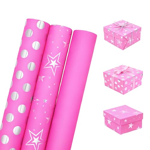 Geburtstags Geschenkpapier, 3 Rolle 43 x 300cm Polka Dot Bunt Glitzer rosa Geschenkpapier Set, für Mädchen Valentinstag Hochzeit Geburtstag Geschenkverpackungen