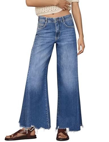 PHISOCKAT Women's Wide Leg Baggy Jeans Mid-Rise Loose Flare Jeans with Frayed Hem Stretchy Denim Pants with Pockets Y2K