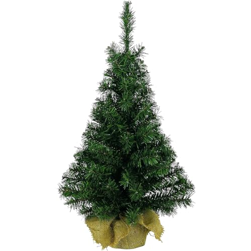 Aurora Store Pinetto VERDE 45 cm Albero di Natale CON BASE LEGNO in PP+PVC | Mini Pino Alberello di Natale Artificiale con stand rivestito Sacco Juta 60 rami