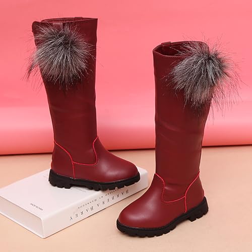 WUIWUIYU Toddler Little/Big Girls Back Zip Pom Pom Knee High Boots Waterproof Riding Cute Snow Boots4