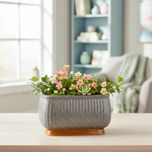 Image of Xtore Striking Textured Ceramic Bonsai Planter Pot for Indoor & Tabletop Decor | Ribbed Grey Finish with Elevated Modern Plant Styling (Pack of 1, Planter Only)