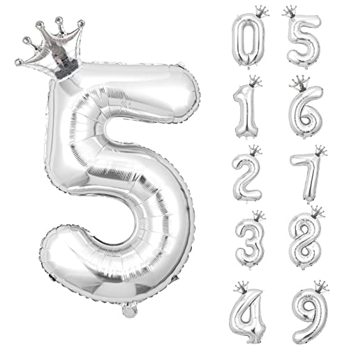 養楽堂 誕生日 バルーン 数字 パーティー 飾り風船 0-9 王冠 デコレーション装飾 32インチ 大きい バルーン 結婚式 記念日 子供 大人兼用 シルバー5