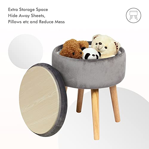 B Fsobeiialeo Round Storage Ottoman, Soft Padded Velvet Footstool Vanity Makeup Chair, With Wooden Legs & Tray Top 14.17" (Grey) #TOP3