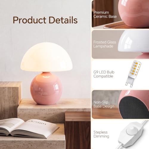 Image of Dawnwake Mushroom Lamp Table Lamp for Bedroom-Small Desk Table Lamps,Pink | 8.7 inch Mid Century Modern Table Lamps for Living Room Bedroom Decor,Cute Ceramic Lamps for Mushroom Home Room Decor,Glass Shade