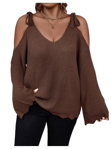 SOLY HUX Women's Plus Size Sweaters Tie Cold Shoulder V Neck Long Sleeve Scallop Trim Knit Pullover Tops