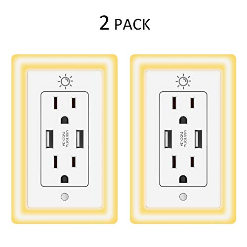 USB outlet, 15A Duplex Receptacle with Dual USB ports (5V/4.2A) and Dusk-to-Dawn Sensor Night Light, ETL Certified, 2 Pack