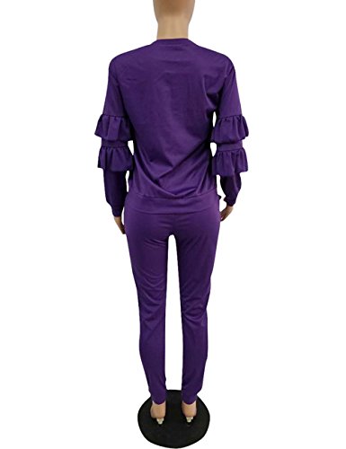 image for KANSOON Women 2 Pieces Outfits Puff Sleeve Top and Long Flounced Pants