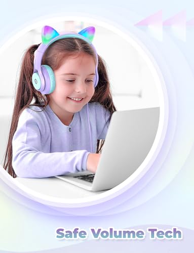 Image of iClever Kids Headphones for Girls Gift Over Ear Headphones, Wired Cat Ear Led Light Up Children Headphone, 85dB Volume Limited Foldable Earphones for Kids School, Travel, Music