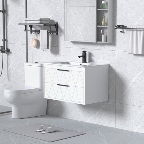 UEV Mobile Bagno Sospeso con Lavabo in Ceramica, 75CM Lavandino Bagno con 2 Cassetti, Lavandino Bagno con Mobiletto Moderno, Soft-Close, Bianco