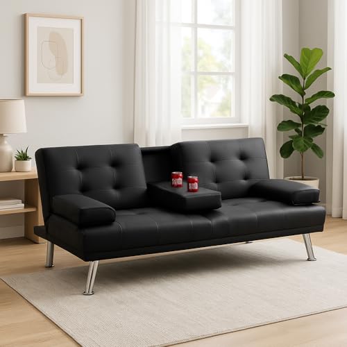 BAKAJI Divano Letto Convertibile 2 in 1 con Bracciolo Portabibite, Imbottitura Ergonomica ad Alta Densità, Divanetto con Apertura Clic Clac con Gambe Cromate, Ideale per Soggiorno (Ecopelle Nero)