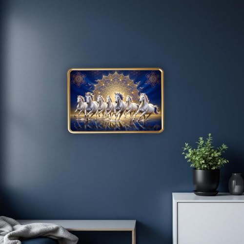 Image of Vastu 7 Seven Running Horse Photo Frame, Golden Slim Frame, Sparkle Coated Lamination, 30x45 cm (Design 9)