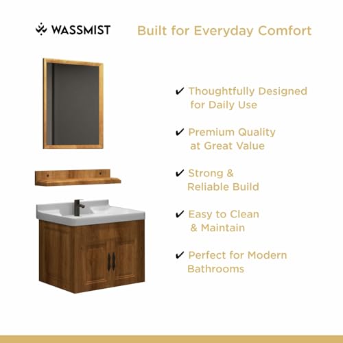 Image of WASSMIST Bathroom Vanity Washbasin Cabinet with Mirror & Shelf | Wall Mounted Wash Basin with Cabinet Full Set | Waterproof & Unbreakable (Brown)