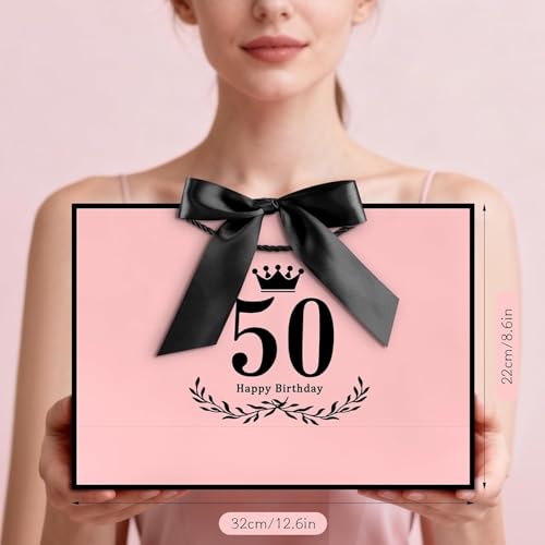 Image of JMANNI 50th Birthday Gift Bag, Pink with Black Satin Bow & Crown Design, Medium Happy 50th Birthday Present Bag for Party Favors, Size 12.60 inchx8.66 inchx4.33 inch