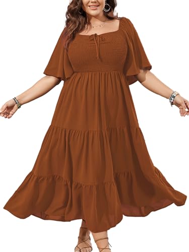 SCOMCHIC Women's Plus Size Flowy Maxi Dress Flutter Short Sleeve Boho Dress Square Neck Smocked Formal Dresses for Women