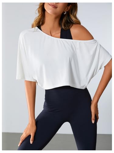 SOLY HUX Women's Off The Shoulder Tee Yoga Workout Crop Top Half Sleeve Asymmetrical Neck Activewear T Shirt4