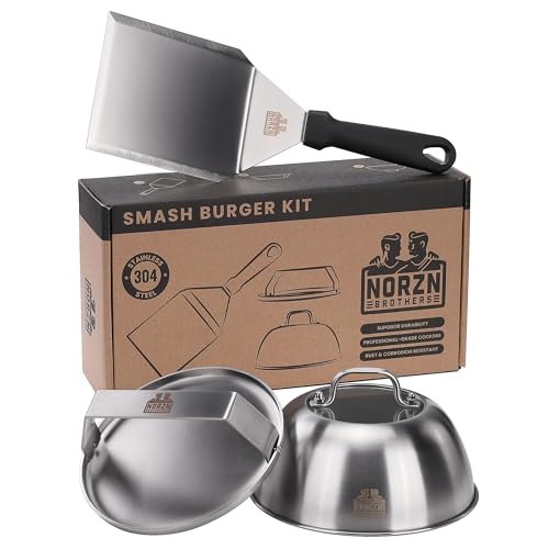 Norzn Brothers Smash Burger Kit Incl. Smash Burger Press BBQ Spatula Metal Cloche Grill Press Meat Press Burger Smasher Press 304 Stainless Steel Food-grade material 10-Year Warranty
