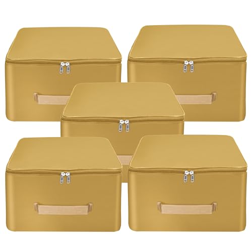 Image of Storite 5 Pack Nylon Wardrobe Bag Underbed Moisture Proof Cloth Storage Organizer, Storage box for Clothes Saree Bags with Zippered Closure & Handle (Mustard, 38x35.5x24 cm) Square