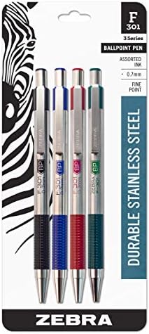 Zebra Pen F-301 Retractable Ballpoint Pen, Stainless Steel Barrel, Fine Point, 0.7mm, Assorted Ink, 4-Pack