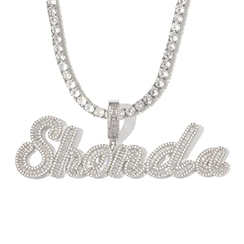 Iced Out Custom Name Necklace Personalized with Cuban Link Chain, Hip Hop 14k Real Gold Plated Personalized Initial Baguette Letter Pendant, Handmade Customized Choker Anniversary Graduation Gift