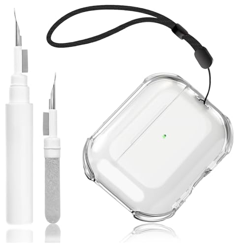 Custodia trasparente compatibile con AirPods 4 con kit di pulizia, Cover Compatibile con AirPods 4 (2024), TPU Trasparente con cinturino da polso Case Protettiva, supporto per ricarica/LED Visibile