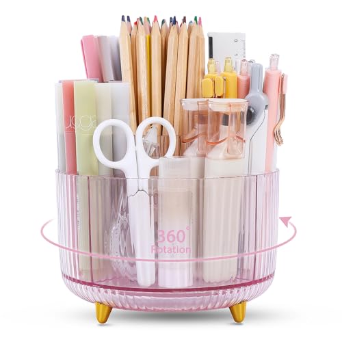 SKYDUE 360 Degree Rotating Desk Organizer, Dual-Purpose Pencil Pen Holder for Desktop, Rotating Desk Pen Organizer with 5 Slots, Pencil Cup for School, Home, Office Supplies (Bean Green)