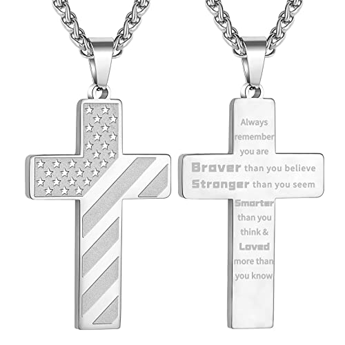 Duodiner Silver Cross Necklace For Boys Men Pendant Chain Stainless Steel American Flag Always Remember Religious Jewelry Gift #TOP5