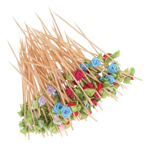 HOLIDYOYO Palillos De Dientes Decorativos para Aperitivos De Fiesta 12 Cm, Brochetas De Embutido De Madera Rosas De Tela, 100 Unidades para Cócteles y Postres