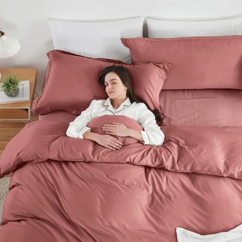 Image of Hearth & Harbor Pink Clay Duvet Cover with Fitted Sheet Full Size | 4 Piece Soft Double Brushed Bedding Set, Button Closure, 1 Duvet Cover 80x90 Inches, 1 Fitted Sheet, 2 Pillow Shams