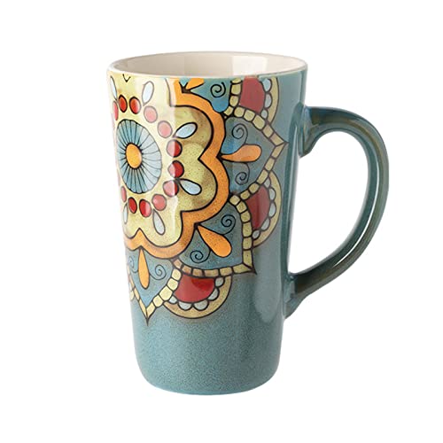 YIJOFU コーヒーマグカップ エスニックスタイルのマグカップレトロな手描きのコーヒーカップ大型カップ大容量 500ml セラミックマグ 贈り物 (ブルー,Single cup)