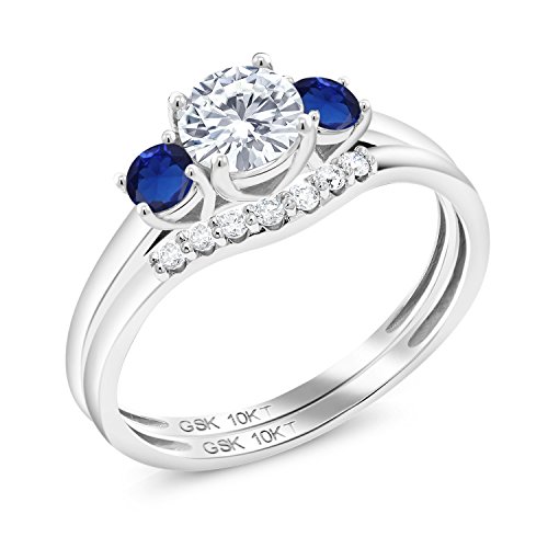 Gem Stone King 10K White Gold Moissanite and Blue Created Sapphire and Lab Grown Diamond 3-Stone Bridal Engagement Wedding Ring Set For Women (0.83 Cttw, 5MM, Available in Size 5,6,7,8,9)