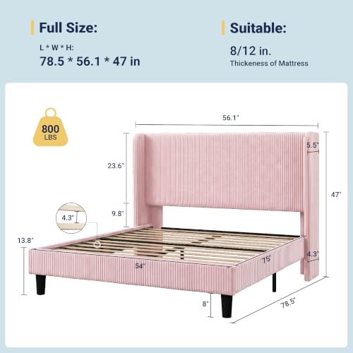 Image of Allewie Full Size Platform Bed with Corduroy Wingback Headboard, Pink | 800 lb Capacity, Corduroy Wingback Headboard, Vertical Channel Design, Wood Slat Support, No Box Spring Needed, Easy Assembly