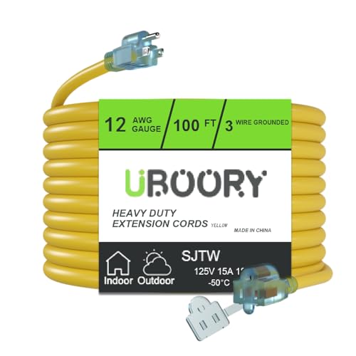 Outdoor Extension Cord Waterproof 100 FT Yellow 12/3 SJTW Heavy Duty Flexible 100% Copper 3 Prong Extension Cord for Lawn Garage UL Listed