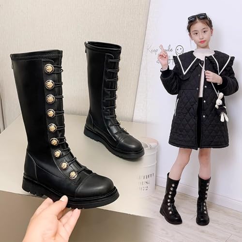 Girls Leather Lace Up Knee High Boots Fashion Back Zipper Tall Riding Boots Comfortable Round Toe Low Heel Combat Boot Little Kid/Big Kid4