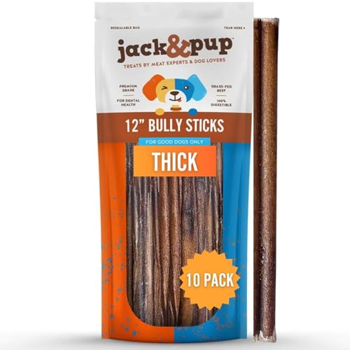 Jack&Pup 12 Inch Thick Bully Sticks for Large Dogs (10 Pack) Bully Sticks for Medium Dogs, Single Ingredient Dog Chew Sticks