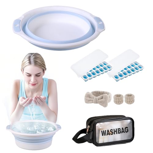 Facial Ice Bath Kit with Foldable Face Bowl for Massage, Reusable Ice Cube, Headband & Wristband Set, Storage Bag, Portable, Convenient, Spa-Like Cold Therapy at Home