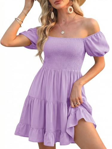 Image of Veatzaer Women's Puff Sleeve Square Neck Smocked Babydoll Dress Boho Floral Print Off Shoulder Ruffle Mini Short Dress