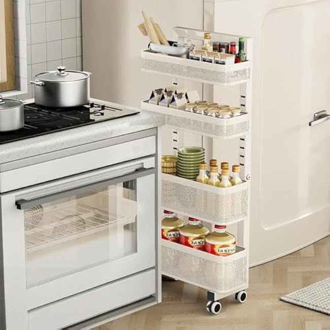 ?Narrow Storage Cart Kitchen Storage Rack Slim Shelf with Wheels Removable Organizer for Kitchen Living Room Space Saver(4 Tier)-A33VhMuI